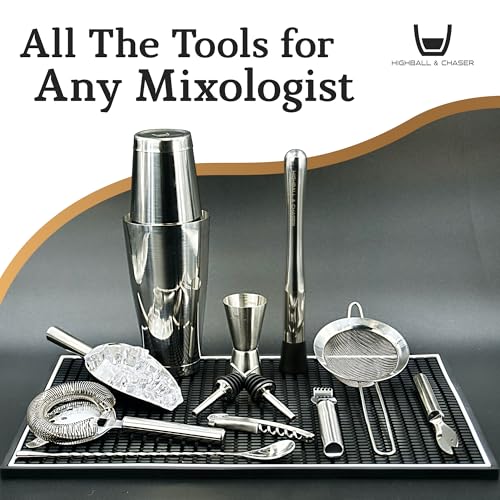 Highball & Chaser 13-Piece Boston Cocktail Shaker Set Stainless Steel Mixology Bartender Kit With Stand For Home Bar Cocktail Set | Laser Engraved Cocktail Tools | Plus E-Book with 30 Cocktail Recipes