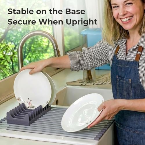 EZYROM Medium Aluminum Roll Up Dish Drying Rack (17" x 13") - Fits Sinks up to 16 Inches, Heavy Duty Square Bar, Rust-Proof & Heat Resistant with Removable Dish Holder (Purple Gray Medium)