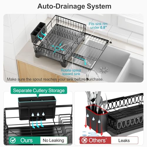 GSlife Expandable Dish Drying Rack for Kitchen Counter, Large Capacity 2-in-1 Rust Resistant Dish Drainer with Swivel Spout and Pull Out Over Sink Extension, 16.7" W x 12.6"-22.4" L, Black