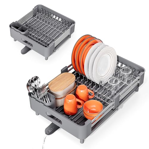 Urackify Stainless Steel Dish Drying Rack - Dish Drainer for Kitchen Counter, Extendable Drainboard with Foldable, Space-Saving Cup & Bowl Organizer, Includes Knife and Utensil Holder, Gray