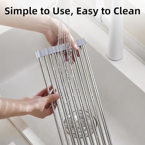 Sooseuo Over Sink Dish Drying Rack, 17" L x 11.8" W, Roll Up Dish Drying Rack for Kitchen, Gray