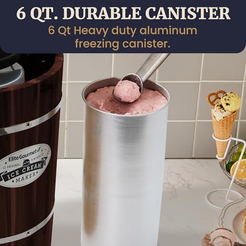 Elite Gourmet EIM949 Old Fashioned 6 Quart Vintage Walnut Wood Bucket, Electric Ice Cream Maker Machine Appalachian, Uses Ice and Rock Salt