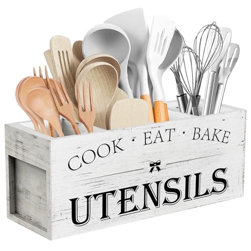 Suli Extra Large Kitchen Utensils Holder with 4 Compartments, Wooden Utensil Organizer for Kitchen Countertop, Farmhouse Decor, Rustic Cooking Utensil - White grain