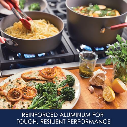Rachael Ray Cucina Dishwasher-Safe Hard-Anodized Pots and Pans Set Non Stick Cookware, 12-Piece, Gray with Red Handles