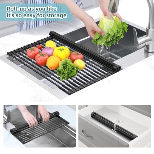 Ohuhu Over The Sink Dish Drainer Drying Rack, 17.6" W x 15.4" L Roll Up Dish Racks Kitchen Sink Organizer Silicone Wrapped Large in Sink Dish Drying Rack Foldable Rolling Drain Mats Anti-Slip