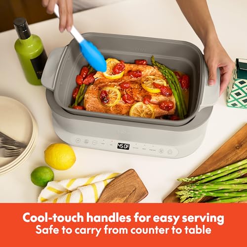 bella 6.0 QT Multi-Cooker, Ceramic Nonstick Coating, 4-in-1 Versatility, 4 cooking functions, Slow Cook, Sear, Saute, Steam, Serves 7 people, Dishwasher Safe Pot & Tempered Glass Lid, Tangle Free Cord Wrap, Oatmilk