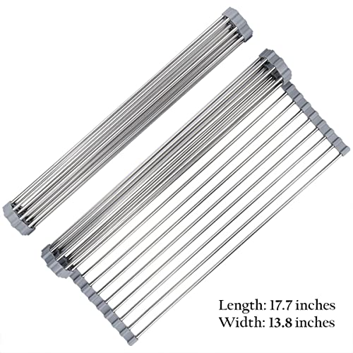 Hhyn Roll-Up Sink Drying Rack 17.7"(L) x 13.8"(W) - Multipurpose Heat Resistant Over The Stainless Steel & Silicone Dish Rollable Kitchen Drainer, Gray