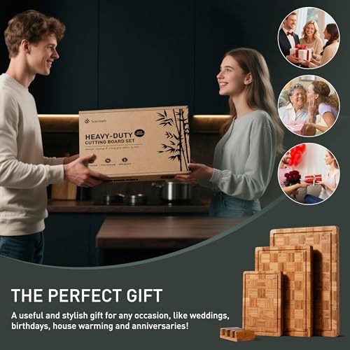 3 Pack Heavy Duty Bamboo Cutting Board Set Non Toxic Wooden Cutting Board for Kitchen Non Slip Solid End Grain Thick Wood Juice Groove Chopping Board Extra Large Butcher Block Best House Warming Gift