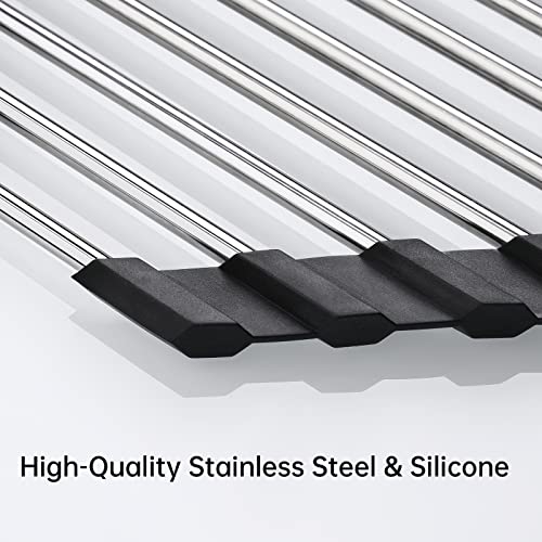 Tomorotec Foldable Stainless Steel Triangle Roll-Up Dish Drying Rack for Small Sink Corners - Over-The-Sink Multipurpose Kitchen Drainer, Rustproof Organizer, Trivet and Shelf - Space-Saving (Black)