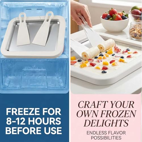 Rolled Ice Cream Maker Kit, DIY Ice Cream Roll Tray with 2 Scrapers, No Electricity Required, Stainless Steel Freezing Plate for Rolled Ice Cream, Frozen Yogurt, Sorbet (White)