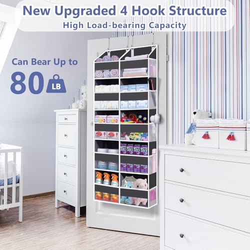 Heavy Duty Over The Door Organizer 5 Tiers, Extra Large Behind Door Storage of 10 Big Front & 10 Mesh Pockets, 80lb Weight Capacity, Hanging Doors Storage Organizer for Closet Bedroom Nursery, Grey