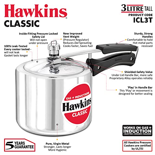 Hawkins Aluminium Classic 3 Litre Pressure Cooker, 3.2 Quarts, Silver, Ideal for 3-4 Persons, Super-fast Cooking, Saves Fuel