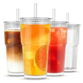 INSETLAN 20 oz Ribbed Glass Tumblers with Lids and Glass Straws – 4-Piece Glassware Set, Thickened Wall, Ideal for Iced Coffee, Smoothies, Cocktails, and Juices – Elegant and Durable Drinkware
