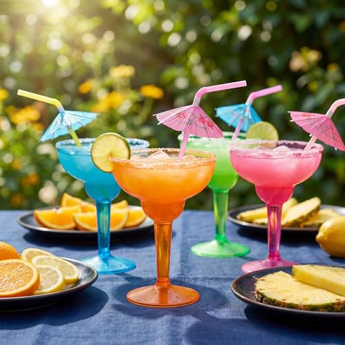 Honeydak 86 Pcs Plastic Margarita Glasses with Cocktail Straws, 36 Pcs 12 oz Disposable Margarita Glass Cups, 50 Pack Straws for Cocktails Summer Party Tropical Beverages, Multicolor(Hawaiian)