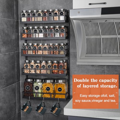 X-cosrack Wall Mount Spice Rack Organizer 5 Tier Height-Adjustable Hanging Spice Shelf Storage for Kitchen Pantry Cabinet, Dual-Use Seasoning Holder Rack with Hooks, Black-Patented