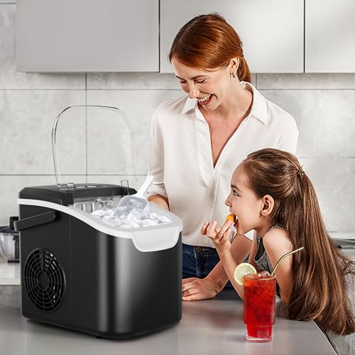 Countertop Portable Ice Maker Machine with Handle, 8 Bullet-Shaped Ice Cubes Ready in 6 Mins, 26Lbs/24H, Self-Cleaning Function with Ice Scoop and Basket for Home/Kitchen/Party (Black)