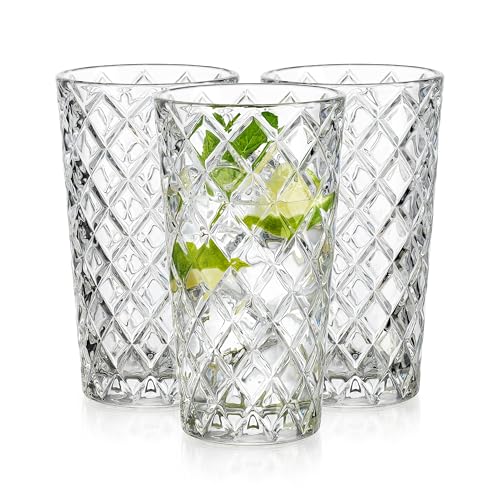 Glaver's Drinking Glasses - Set of 10-14oz. Highball Glass Cups - Dishwasher Safe Cocktail - Diamond Cut Shape - Tall Beer Glasses, Water Glasses, Bar Glass, Wine, Juice, Iced Tea
