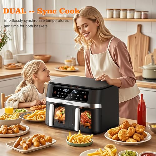 HoninJoy 12QT Large Dual Basket Air Fryer with Viewing Window and 50pcs Paper Liners, 10-in-1 Digital Touchscreen Double Zone Air Fryers, SyncCook to Bake,Roast,Reheat,Broil, Nonstick Dishwasher Safe