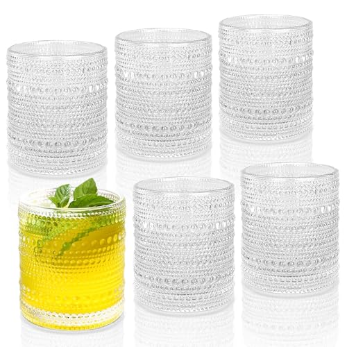 JPPSUJJ Cocktail Glasses 10 oz Hobnail Drinking Glasses Set of 6, Vintage Glassware, Textured Glass Cups Bubble Glasses Water Glasses Old Fashion Jupiter Glasses Set, clear