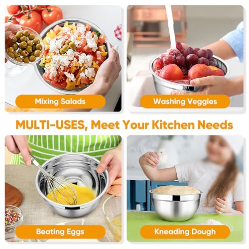 TeamFar Mixing Bowl Set of 5, 4.5/3/1.5/1/0.7 QT, Stainless Steel Metal Nesting Salad Bowl with Lid Set, Ideal for Mixing Serving, Non-Toxic & Sturdy, Airtight Lid & Easy Clean, Black