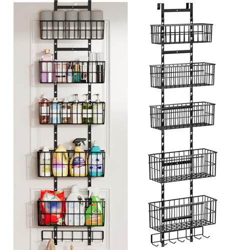 Hongtamoya Adjustable Over the Door Organizer, Metal Hanging Door Organizer with 5 Wire Basket 7 Hooks, Wall Mounted Shelf for Pantry Laundry Organization and Storage, Black