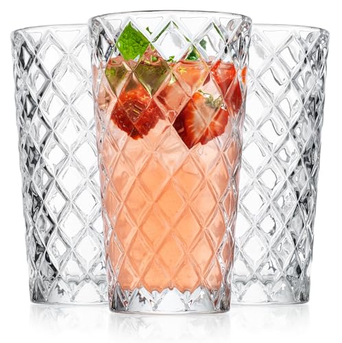 Glaver's Drinking Glasses - Set of 10-14oz. Highball Glass Cups - Dishwasher Safe Cocktail - Diamond Cut Shape - Tall Beer Glasses, Water Glasses, Bar Glass, Wine, Juice, Iced Tea