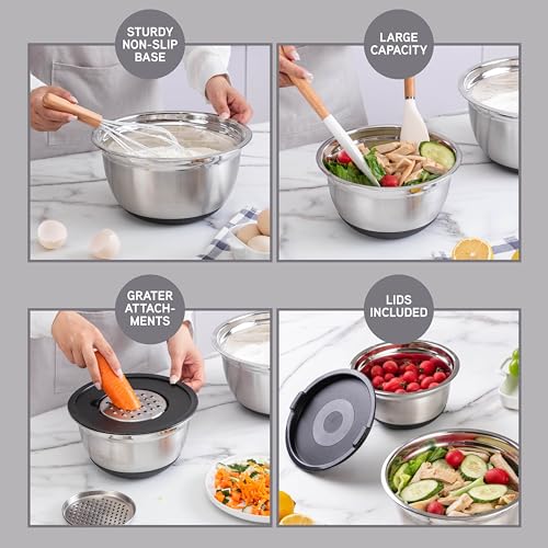COOK WITH COLOR Stainless Steel Mixing Bowls Set with Lids - Nesting Bowls with Non-Slip Bottom, Silver, 14 Pieces