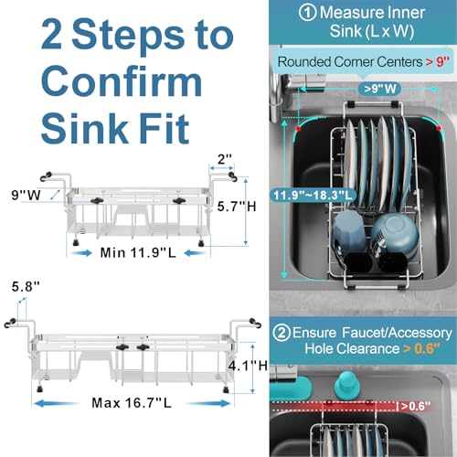 GSlife Small Over the Sink Dish Drying Rack - 9" W Expandable Stainless Steel Compact Dish Drainer for RV, Apartment, Camper, Kitchen, Dish Strainer with Lock Knob, Silver