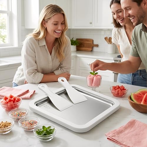 Instant Ice Cream Maker, Rolled Ice Cream Maker, Soft Serve Ice Cream Maker – Perfect for Ice Cream, Frozen Yogurt & More! Food-Grade Stainless Steel Ice Cream Roll Machine for Home Use (White)