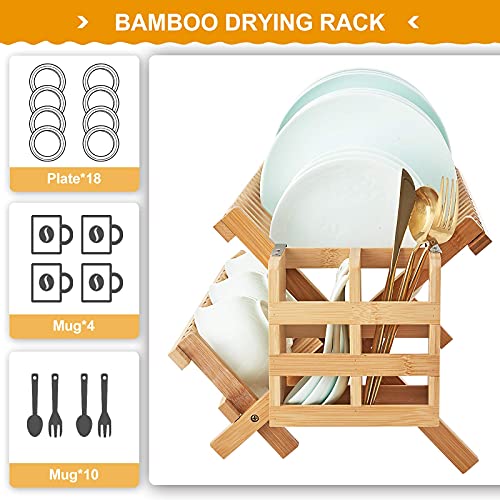 Worthyeah Bamboo Dish Drying Rack, 2 Tier Collapsible Dish Rack with Utensil Holder, Wooden Dish Drying Rack for Kitchen Counter, Large Folding Drying Holder, Dish Drainer 34 pcs Grid