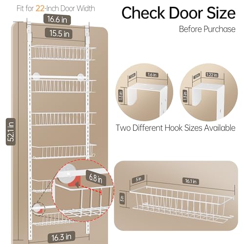 Delamu Adjustable Cabinet Door Organizer, 6-Tier Hanging Spice Rack Organizer, Metal Over the Door Pantry Organizer, Pantry Organizers and Storage Shelves for Kitchen Bathroom Laundry Room, White M