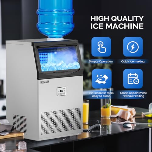 ROVSUN 110LBS/24H Commercial Ice Maker Machine with 50lbs Storage Bin, Freestanding/Countertop Ice Machine with 2 Water Inlets, Ice Scoop & Water Filter for Home Office Restaurant Bar Cafe Use