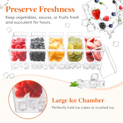 Lifewit Chilled Condiment Caddy with 5 x 20 oz Containers, Compact 15" Garnish Tray with Lids for Bartenders, Taco Bar Party Serving Set & Dirty Soda Bar Supplies, Ideal for Fruit, Salad, Toppings