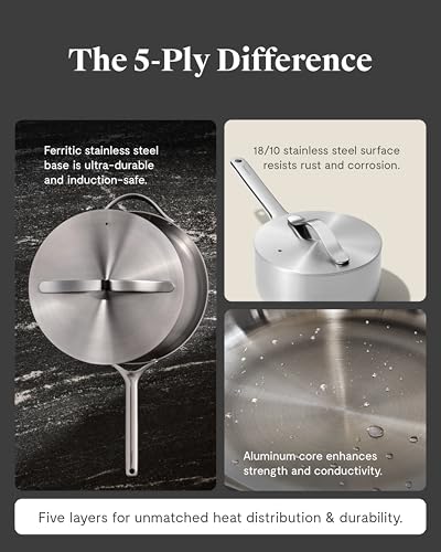 Caraway Stainless Steel Sauce Pan (1.75 Qt) - 5-Ply Stainless Steel - Oven Safe & Stovetop Agnostic - Non Toxic, PTFE & PFOA Free