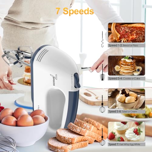 LILPARTNER Hand Mixer Electric, Ultra Power Kitchen Hand Mixer With 7-Speed & 5 Stainless Steel Accessories for Whipping Dough, Cream, Cake, Dishwasher Safe, Light White