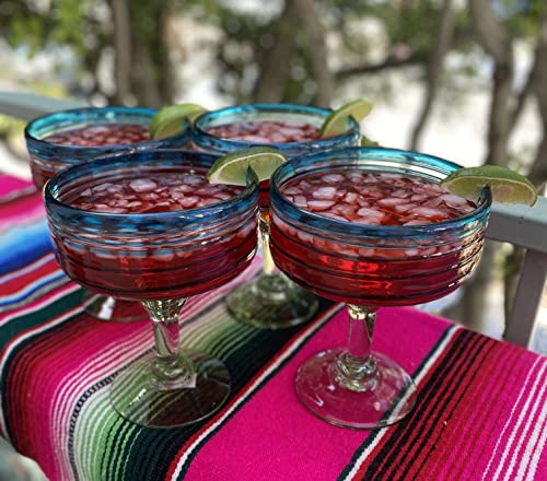 Dos Sueños Mexican Hand Blown Glass – Set of 4 Hand Blown Margarita Glasses (16 oz) with Aqua Spiral Design