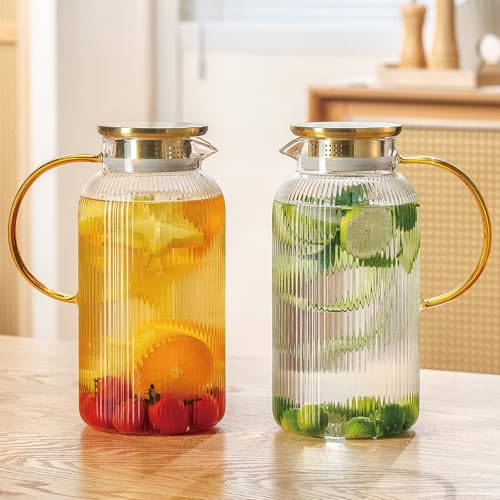 Buaic 2 PACK Glass Pitcher with Lid, 68 oz/ 2L Glass Water Pitcher