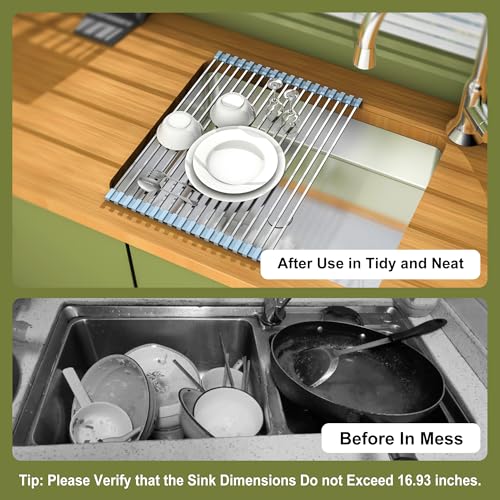 TlaroRiz 16.93 ×12.91 Inch Sink Drying Rack Roll Up, Silicone Wrapped 304 Square Stainless Steel Over the Sink Dish Drying Rack Counter Kitchen Home RV Essentials Foldable Sink Organizer,Grey