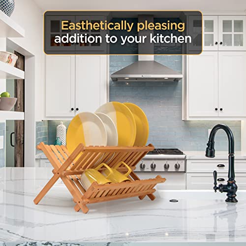 Collapsible Dish Drying Rack 2-Tier Bamboo Dish Drainer for Kitchen Counter