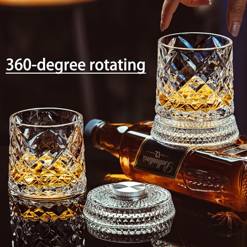 NORIMODA Spinning Whiskey Glasses Set of 4 With Iceball Molds, 9.5oz Lead-free Rotating Old Fashioned Rocks Glasses for Bourbon, Scotch, Liquor and Cocktails, Gifts for Whiskey-lovers