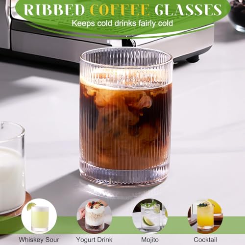 LUNA & MANTHA Drinking Water Glasses Set, Lead-Free Crystal Highball Glass, Tall Glass Cups for Cocktail Parties,ribbed set of 8,17oz&12oz
