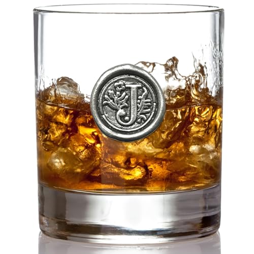 English Pewter Company 11oz Old Fashioned Whiskey Rocks Glass With Monogram Initial - Unique Gifts For Men - Personalized Gifts With Your Choice of Initial (J) MON110