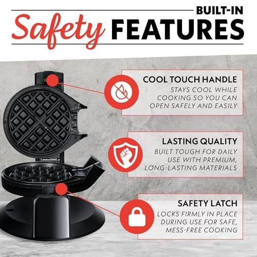 Gourmia Dual Pour Waffle Maker - Belgian Waffle Maker with Mess Free Spout, NonStick Plates, Cool Touch Handle, Compact Upright Storage, Safety Latch, Black