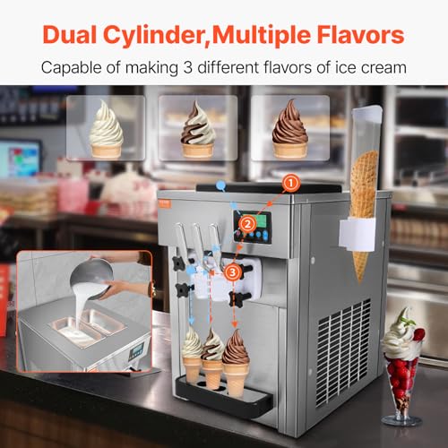 VEVOR Commercial Ice Cream Machine, 21 QT/H Soft Serve Ice Cream Maker with LCD Panel Auto Clean 3-Flavor Pre-cooling for Restaurant Snack Bar