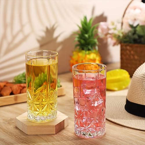 Uiifan Set of 12 Tall Highball Glasses 12 oz Crystal Drinking Glasses Clear Fancy Cups Vintage Textured Designer Glassware for Cocktail Tea Water Beer Soda Beverages, Dishwasher Safe(Stylish Style)