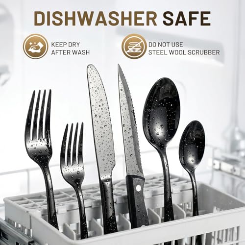 48 PCS NO-FADING Black Silverware Set with Steak Knives - KIKCOIN Food-Grade Stainless Steel Flatware Set for 8 - Mirror Polished Cutlery Set, Titanium Black Finish, Rust Resistant & Dishwasher Safe