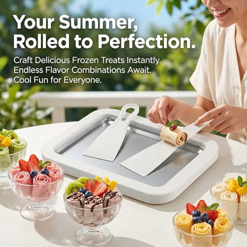 Rolled Ice Cream Maker Kit, DIY Ice Cream Roll Tray with 2 Scrapers, No Electricity Required, Stainless Steel Freezing Plate for Rolled Ice Cream, Frozen Yogurt, Sorbet (White)