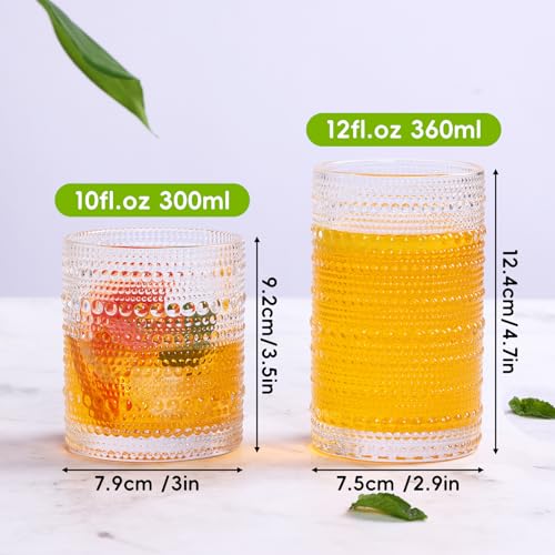 Moretoes Hobnail Drinking Glasses Set of 12, 12 Oz Highball Glasses & 10 Oz Cocktail Glasses, Clear Embossed Boho Glass Cups Kitchen Bar Tumbler Glassware Set for Whiskey, Beer, Juice, Milk