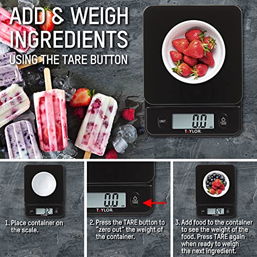 Taylor Glass Top Food Scale with Touch Controls, 11 lb Capacity, Sleek Black Design for Precision Food Measurement in Grams and Ounces