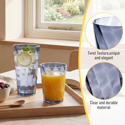 LemonRoad 12 Pack Reusable Plastic Drinking Glasses Set - 20oz & 13.5oz Stackable Tumbler, Shatter-resistant Highball Cups for Water, Cocktail, Iced Coffee, Indoor Outdoor Use, BBQ, Patio, Pool (Grey)